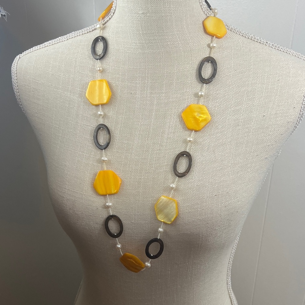 Yellow, and Brown Geometric Beads w/ faux pearl beads Necklace